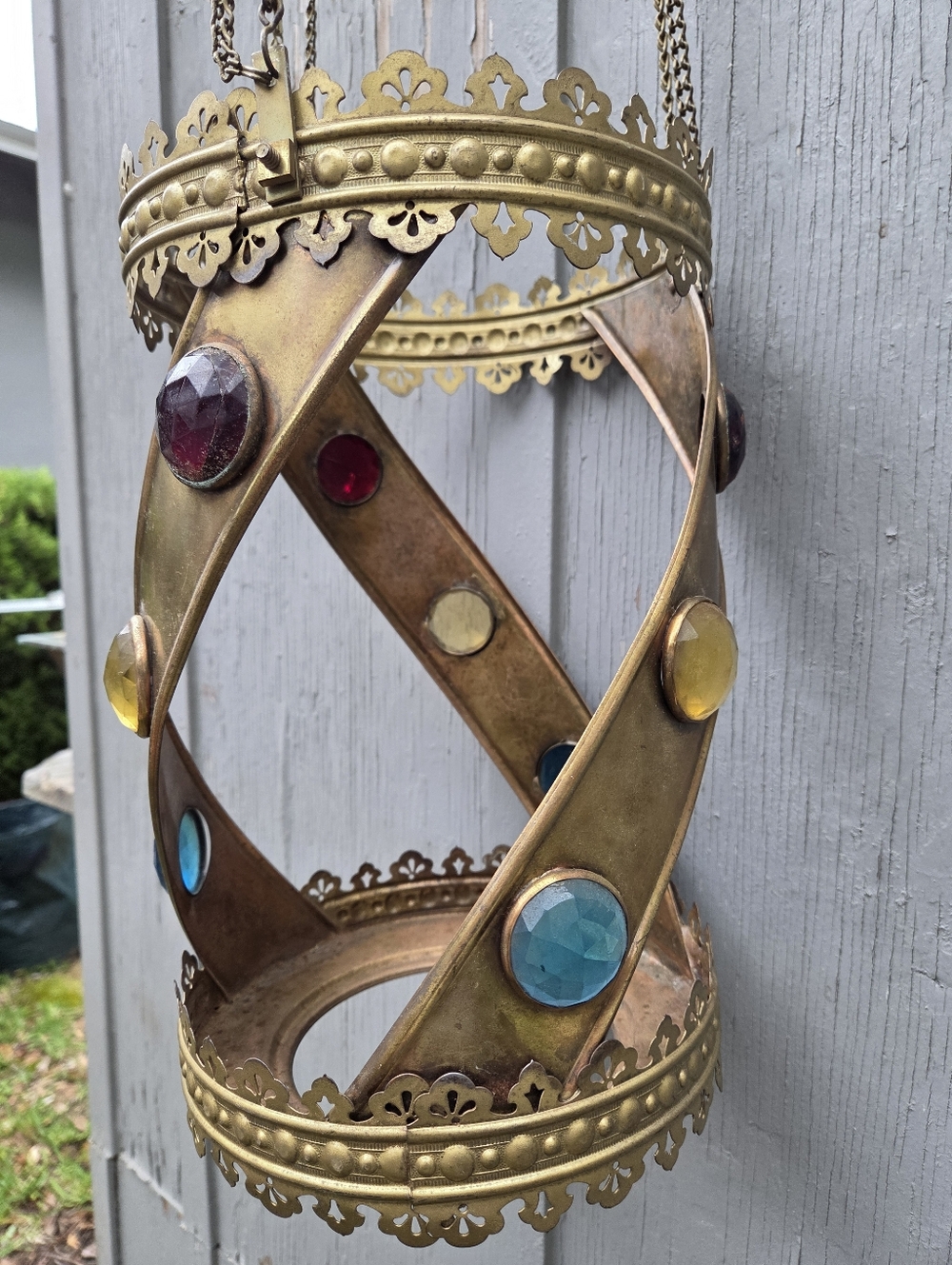 Antique Victorian-era Style Brass Jeweled  Hanging Parlor Oil Lamp Fixture